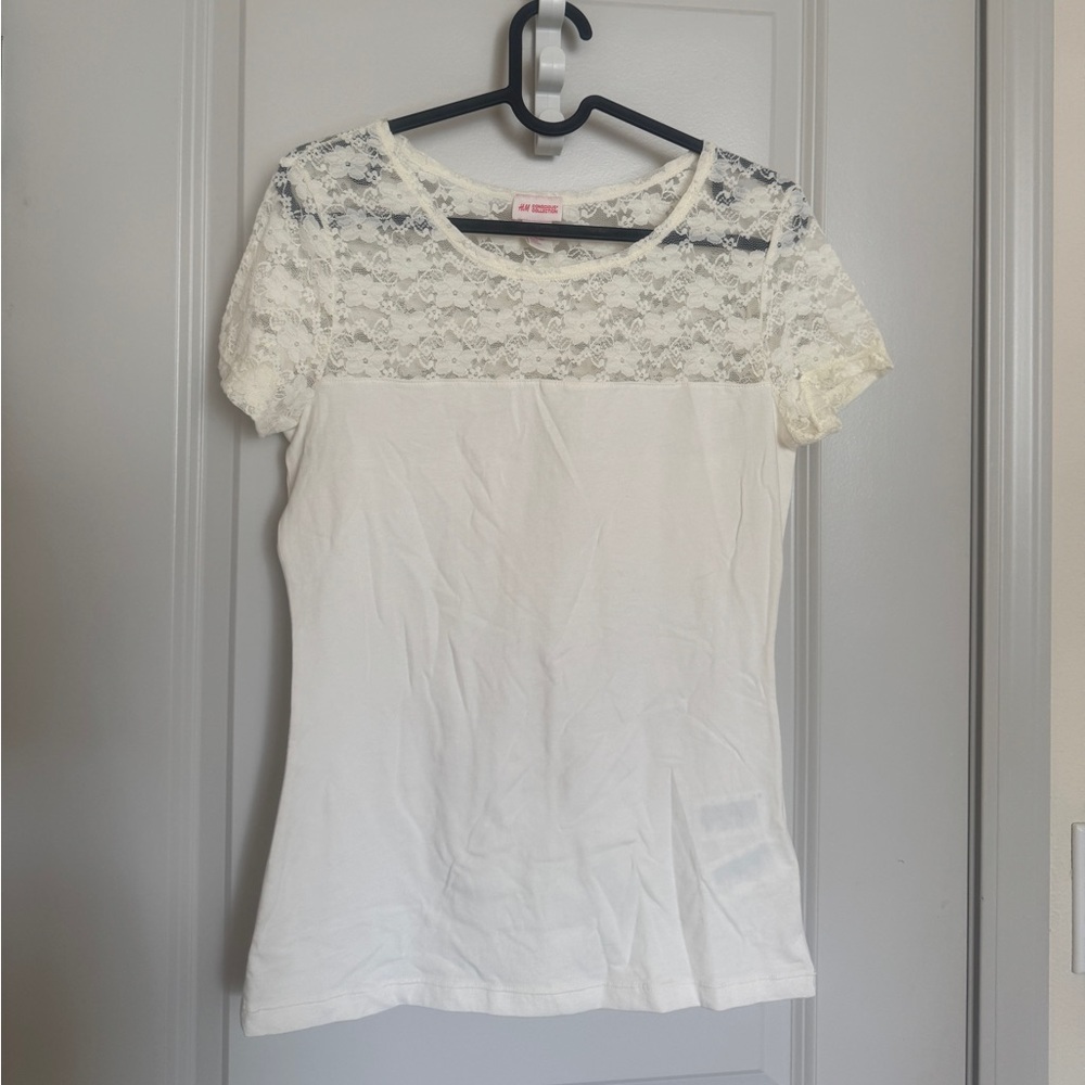 H&M Conscious Collection white T Shirt With Floral Lace Detail Size S